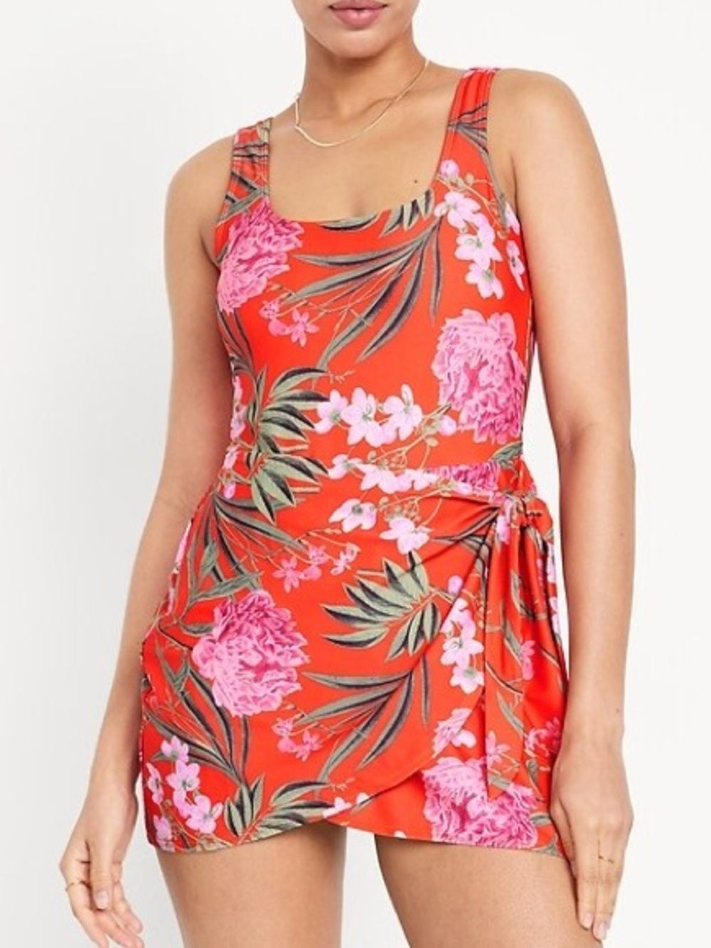Old Navy Classic Swim Dress 2X Red Floral Wrap Skirt One Piece Modest Swimsuit